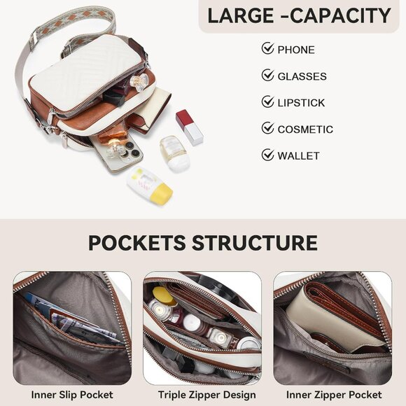 Women Beige＆brown Vegan Leather Quilted Purses Small Shoulder Bag Ladies Handbag - Picture 4 of 6